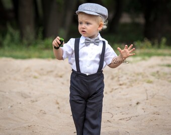 Baby boy linen shirt+pants+suspenders+hat+bow tie, Baby newsboy outfit, Page boy outfit, toddler boy gray suit, ring bearer outfit