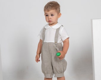 Infant natural linen romper, Baby boy overalls, Infant jumpsuit, rustic outfit, vintage suspenders suit, retro clothes, checkered pattern