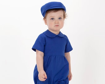 Baby boy royal blue linen romper and hat, Baby newsboy outfit, Page boy blue suit, infant overalls, jumpsuit, diaper cover