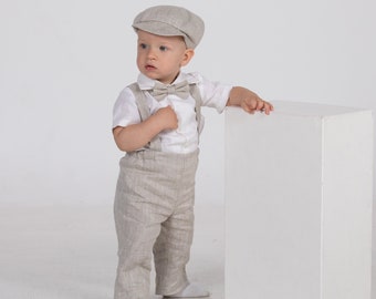 Baby boy wedding outfit, Carrier ring bearer suit, Baptism outfit, Toddler linen pants suspenders newsboy hat shirt bow tie, page boy suit