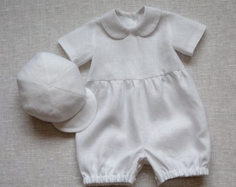 White linen outfit for baby boy, Infant romper and hat, Baptism outfit, Page boy white suit, overalls, jumpsuit, diaper cover, newsboy cap