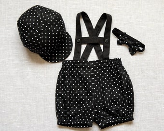 Cake smash outfit Black bloomers shorts with suspenders and hat Baby boy linen bubble shorts suit, infant diaper cover size 12 - 18 month