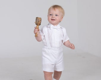 Baptism white outfit size 9 - 12 month ready to ship Baby boy linen shorts with suspenders, shirt, bow tie Page boy white suit