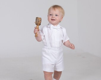 Baby Boy Linen Baptism Outfit: White Shorts, Suspenders, Bow Tie & Shirt - Size 9-12 Months