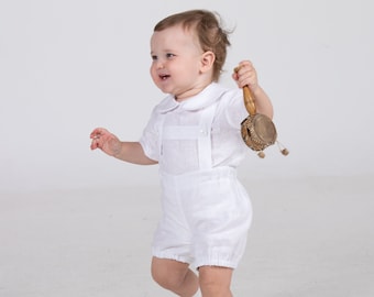Baptism outfit, baby boy white linen shorts bloomers+suspenders, infant heirloom suit, diaper cover, shirt with Peter Pan collar