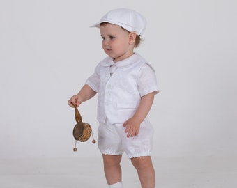 Baptism boy suit, Baby boy white linen outfit, Infant white vest+hat+bloomers shorts+suspenders+shirt, page boy outfit, Peter Pan collar