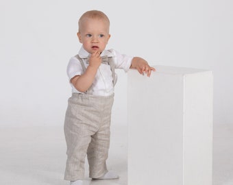 Baby boy suspender pants outfit Toddler natural linen trousers suit Page boy rustic outfit Baptism clothing set Infant boy tan clothes