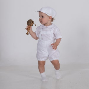 Baby boy white linen outfit, Baptism suit, Infant newsboy hat bloomers with suspenders shirt, gift for newborn, Peter Pan collar image 1