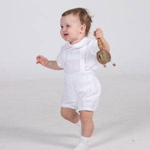 Baptism outfit, baby boy white linen shorts bloomers+suspenders, infant heirloom suit, diaper cover, shirt with Peter Pan collar