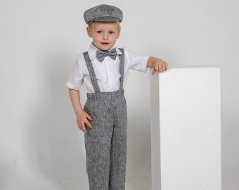 Page boy gray outfit, Baby boy pants with suspenders shirt newsboy cap, Toddler boy trousers suit, ring bearer outfit, gray melange linen