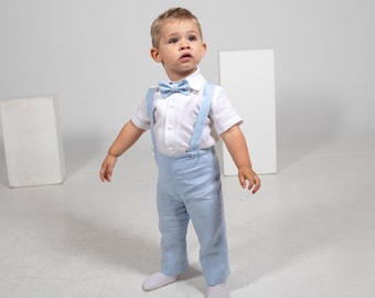 Baby boy very light blue suit Boy pants+suspenders+shirt+ bow tie Baptism outfit trousers suit size 9 - 12 month ready to ship