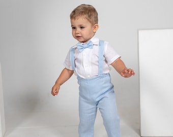 ライトブルーの男の子用スーツ、ページボーイの衣装、幼児用男の子用サスペンダースーツ、シャツ、洗礼用衣装、洗礼用スーツ、幼児用フォーマルパンツ衣装