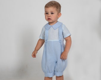 Baby blue romper, Baby boy linen overalls, Infant jumpsuit, suspenders suit, ring bearer outfit, baptism outfit, christening clothes