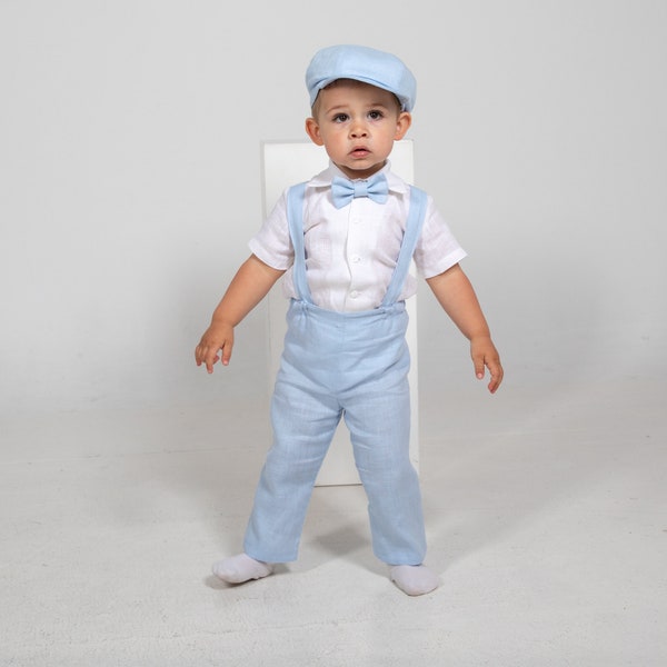 Baby boy light blue outfit, Toddler newsboy suit, Boy linen pants+suspenders+shirt+newsboy hat, baptism outfit, wedding ring bearer outfit