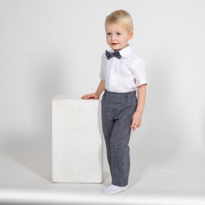 Toddler Boy Linen Suit: Navy Blue Pants, Bow Tie, White Shirt