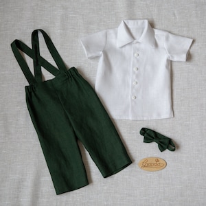 Baby boy linen outfit Boy green pants suspenders bow tie white shirt Toddler boy green suit Page boy outfit infant trousers suit
