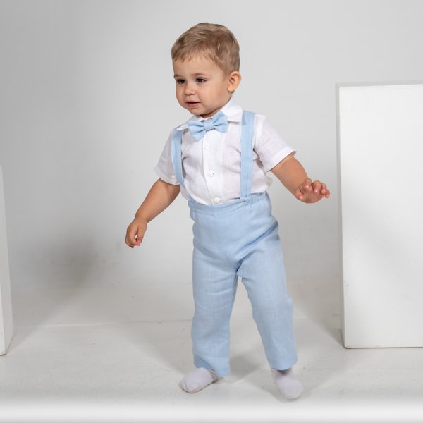 Light blue baby boy suit Page boy many color outfit Toddler boy suspenders suit Pants with suspenders Shirt Baptism outfit Christening suit