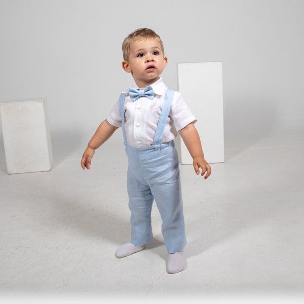 Baby boy very light blue suit Boy pants+suspenders+shirt+ bow tie Baptism outfit trousers suit size 9 - 12 month ready to ship