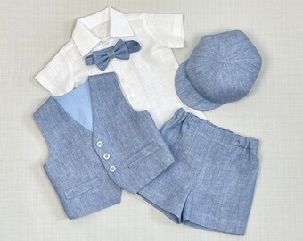 Page boy outfit, Baby boy blue linen vest, shorts, hat, bow tie, white shirt, Toddler boy natural suit