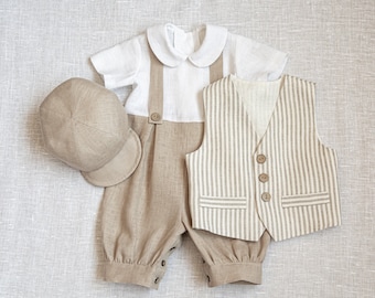 Baby boy natural outfit, Beige linen romper+vest+hat, Newsboy clothes set, infant rustic suit, vintage style, handmade, tan