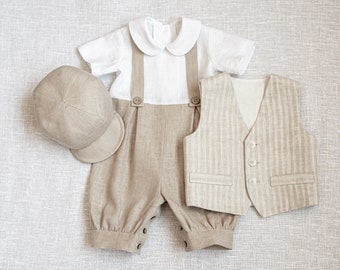 Baby boy beige romper vest newsboy hat, Baby newsboy outfit, Infant linen suit, baptism outfit, baby boy wedding suit, rustic outfit