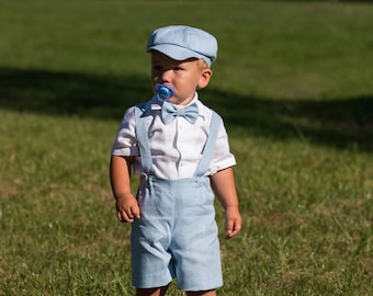 Toddler boy light blue suit, Baby boy suspenders suit, Newsboy ring bearer outfit, linen shorts suspenders newsboy hat bow tie white shirt