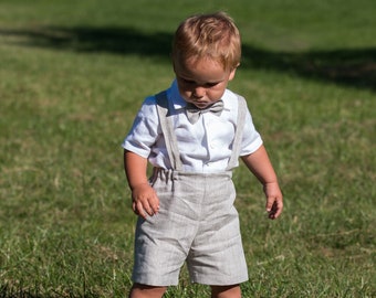 Baby boy tan linen outfit, Toddler boy shorts with suspenders bow tie shirt, Page boy suit, ring bearer outfits, light melange