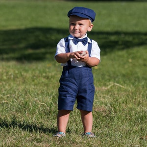 Baby boy navy blue shorts+suspenders+newsboy hat+bow tie, Toddler newsboy outfit, Many color ring bearer outfit, nautical wedding boy suit