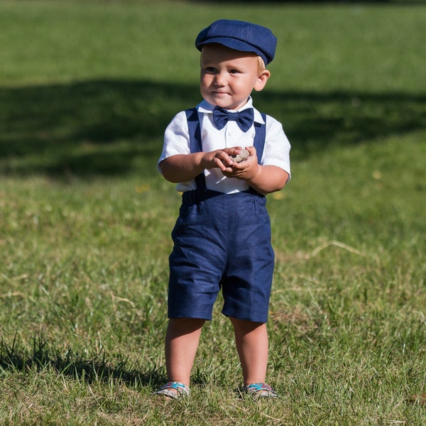 Short bleu marine bébé garçon + bretelles + chapeau gavroche + noeud papillon, tenue de gavroche pour tout-petit, tenue de porteur de bagues multicolores, costume de mariage marin pour garçon