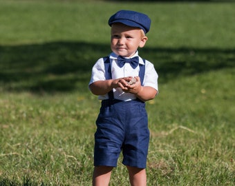 Baby jongen marineblauwe shorts+bretels+krantenjongenshoed+vlinderdas, peuter krantenverkoper outfit, veel kleur ringdrager outfit, nautische bruiloft jongen pak