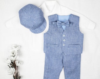Page boy blue outfit Toddler newsboy suit Baby boy formal outfit Boy linen vest + pants + bow tie + hat + shirt Ring bearer outfit