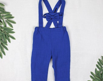 Boys royal blue pants with suspenders and bow tie, Baby boy linen trousers set, Page boy outfit, many color long pants suit