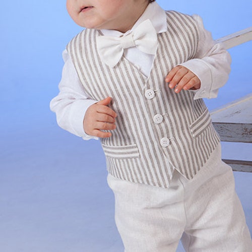 Baby Boy White Linen Vest Pants Shirt Bow Tie Baptism Outfit Etsy