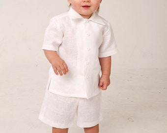 Baby boy white shirt shorts, Baptism outfit, Christening suit, toddler boy linen clothes