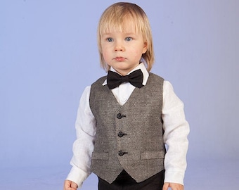 Black page boy suit, Baby boy black linen outfit, Toddler formal vest+pants+shirt+bow tie, Ring bearer outfit