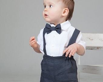 Gray linen outfit, Baby boy many color shorts suspenders bow tie white shirt, Page boy clothes, Toddler natural suit