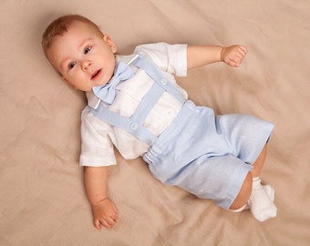 Baptism suit, Baby boy light blue outfit, Toddler boy linen suit, Boy suspenders shorts outfit, ring bearer outfit, page boy suit