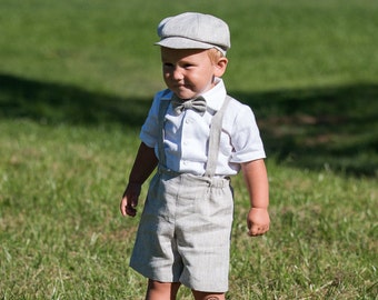 Baby newsboy outfit, Baptism clothes, Boy linen shorts with suspenders+hat+bow tie, page boy set, wedding ring bearer suit natural melange