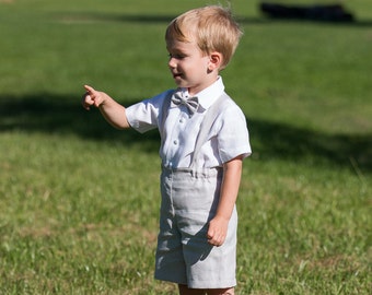 Boy light gray suspender shorts, bow tie and white shirt, Baby boy organic linen suit, Page boy outfit, infant baptism clothes