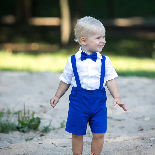 Baby boy royal blue linen suit, Toddler boy shorts+suspenders+bow tie+shirt, Royal blue wedding ring bearer outfit, page boy formal suit