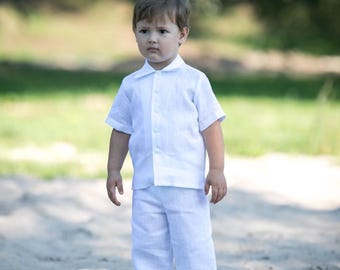 Boy white linen pants and shirt Toddler boy trousers outfit Baby boy christening suit Baptism outfit Beach wedding boy natural clothes