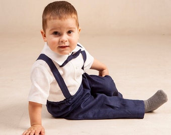 Baby boy navy blue outfit, Ring bearer set, Toddler boy linen pants with suspenders suit, page boy outfits