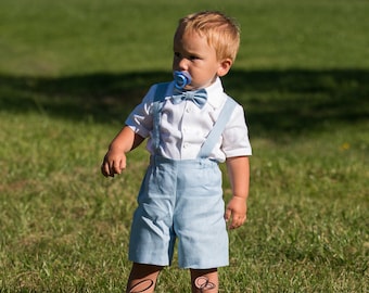 Baby boy light blue suit, Baptism outfit, Toddler boy linen shorts+suspenders+shirt+bow tie, page boy suit, wedding ring bearer outfit