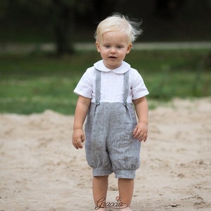 Baby boy gray linen romper Baptism suit Infant overalls, boy jumpsuit, natural diaper cover, ring bearer outfit, page boy suit