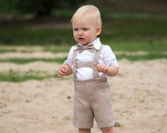 Baby boy beige linen suit, Page boy outfit, Toddler boy shorts with suspenders shirt, Rustic wedding ring bearer outfit baptism natural suit