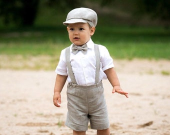 Wedding ring bearer outfit, Baby boy rustic suit, Toddler boy natural linen shorts suspenders newsboy hat bow tie shirt, page boy suit, tan