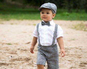 Ring bearer newsboy outfit Baby boy linen suit Wedding boy formal outfit Shorts Suspenders Newsboy hat Baby boy photo prop Page boy outfit