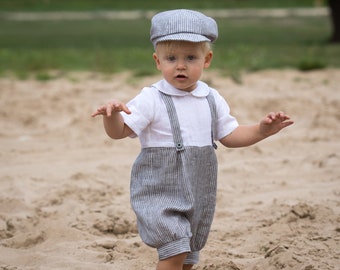 Baby boy gray linen overalls and hat, Infant romper with suspenders, Page boy suit, Newsboy ring bearer outfit, jumpsuit, gray stripe