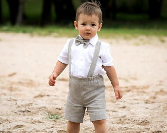 Baby boy natural linen shorts suspenders bow tie white shirt Ring bearer outfit Toddler boy natural linen suit Page boy outfit Rustic suit