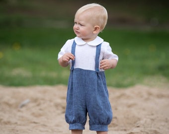 Baby boy blue romper with suspenders Infant boy linen overalls Kids jumpsuit, formal suit, vintage outfit, natural diaper cover